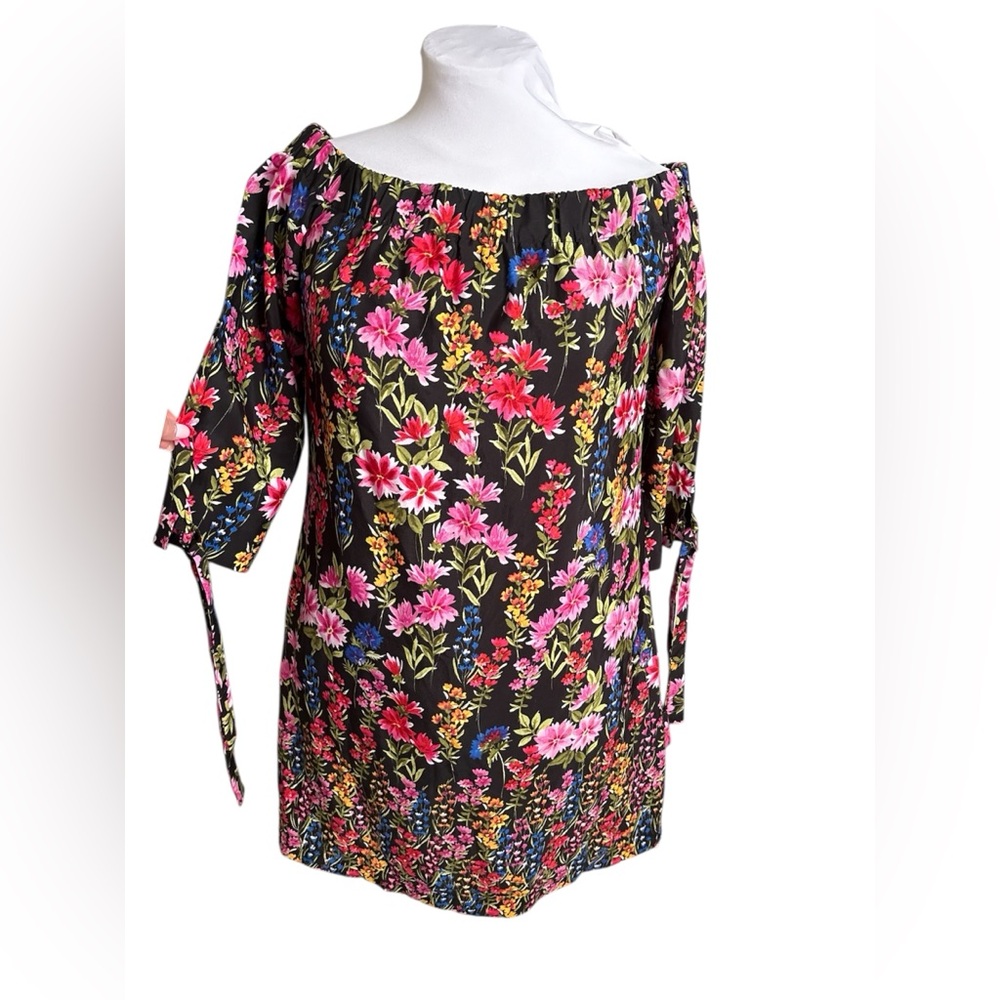 Vince Camuto Floral Off Shoulder dress Tie Sleeve Black Size 8